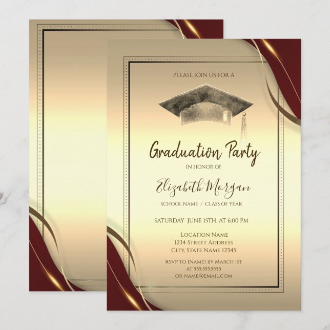 Invitation Cadre rouge chic, Diplôme d'or de la casquette d'é (Devant / Derrière)