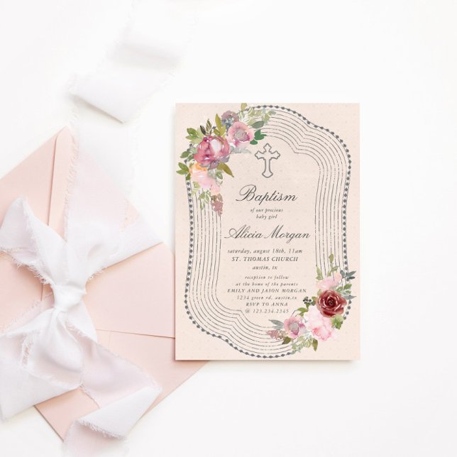 Invitation Cadre Rustique Baptême Floral Bourgogne Rose (Créateur téléchargé)