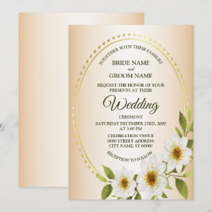 Invitation Cadre rustique doré de mariage blanc floral pêche