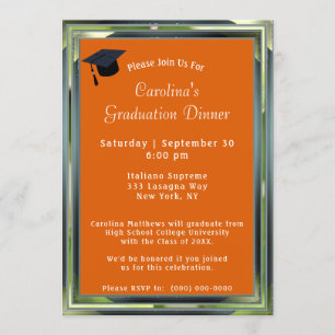 Invitation Cadre vert métallique Orange Dîner Casquette Gradu