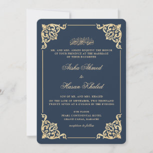 Invitation Cadre Victorien Bleu Marine Or Mariage Musulman Do