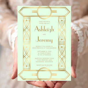 Invitation Cadre vintage doré déco mariage vert menthe