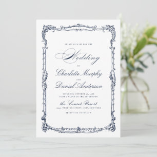 Invitation Cadre Vintage Navy Script Classique Simple Mariage