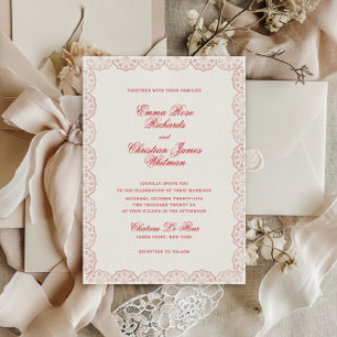 Invitation Cadre Vintage Romantique Mariage Rouge Fardé