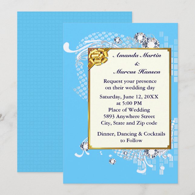 Invitation Cadres bleu & or & Diamants Image Wedding Invitati (Devant / Derrière)