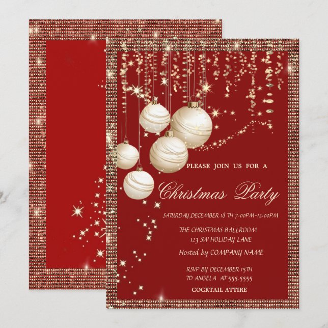 Invitation Cadres de balles de Noël Gold Sequins Rouge Noël (Devant / Derrière)