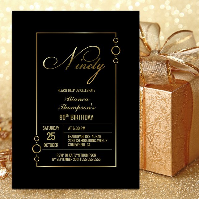 Invitation Cadres d'or moderne Black 90e fête d'anniversaire (Créateur téléchargé)