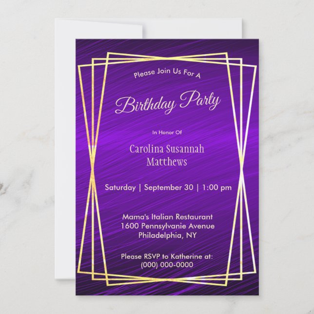 Invitation Cadres d'or violet moderne Anniversaire (Devant)