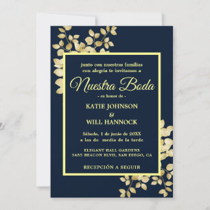 Invitation Cadres or Marine moderne Feuilles or Nuestra Boda