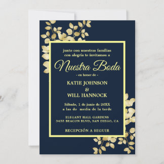 Invitation Cadres or Marine moderne Feuilles or Nuestra Boda