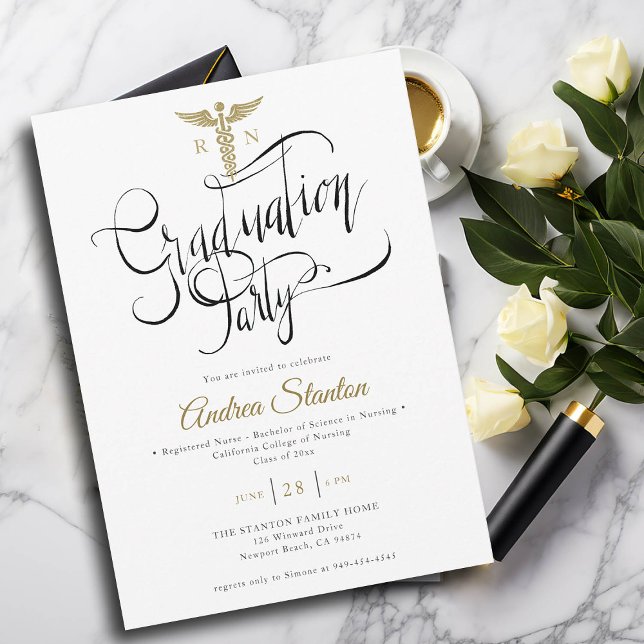 Invitation Caducéum de diplôme de l'école infirmière Brush Ca (nurse graduation party invitation gold caduceum brush calligraphy elegant classic modern black white)