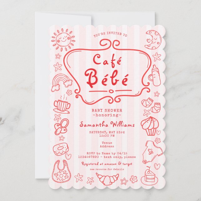 Invitation Café Bébé Baby shower français moderne rose rouge  (Devant)