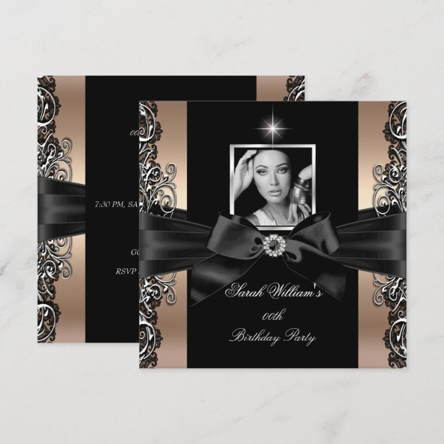 Invitation Café Beige fête d'anniversaire Black Silver Photo (Devant / Derrière)