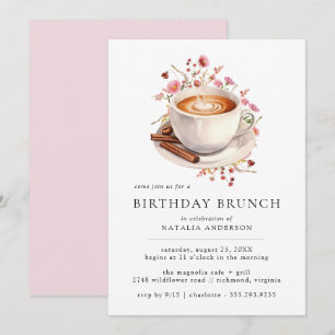 Invitation Café floral   Jolie fille rose Anniversaire Brunch