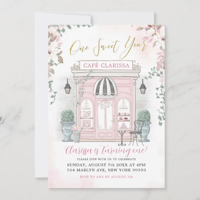 Invitation Café Français Rose et Or Patisserie Fille Annivers (Devant)