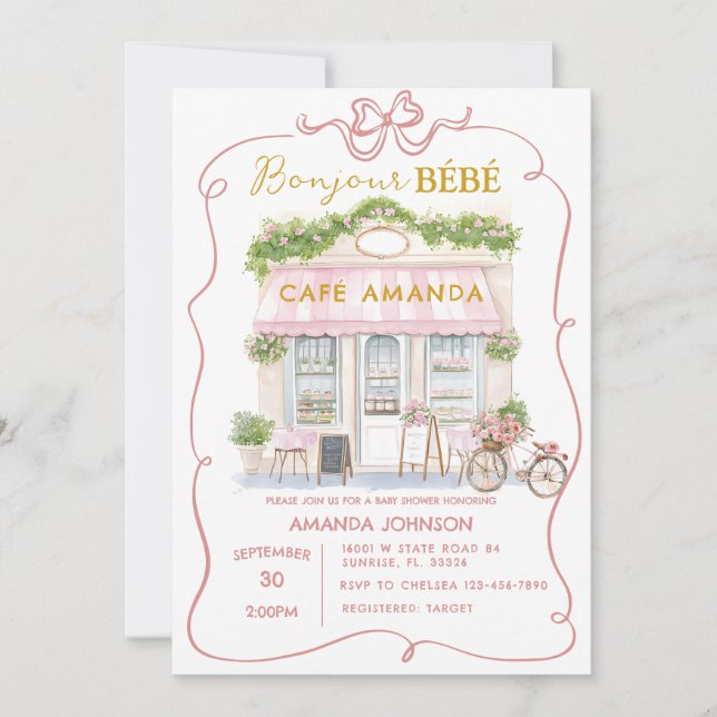 Invitation Café Paris Baby shower Pink Coquette (Devant)