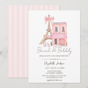 Invitation Cafe Paris Brunch et Bulles à rayures roses