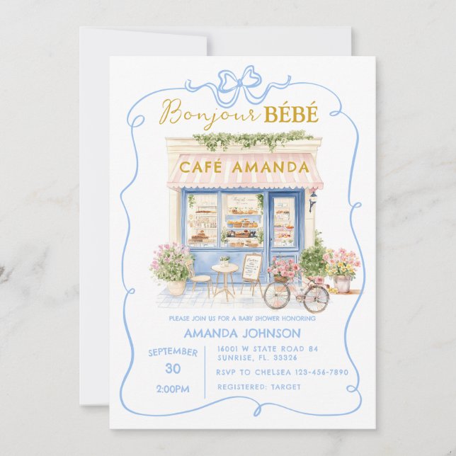 Invitation Café parisien Baby shower Blue Coquette (Devant)