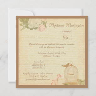 Invitation Cage à oiseaux vintage et roses 95e anniversaire