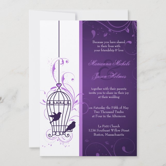 Invitation Cage d'oiseaux fantaisie avec Mariage d'aubergines (Devant)