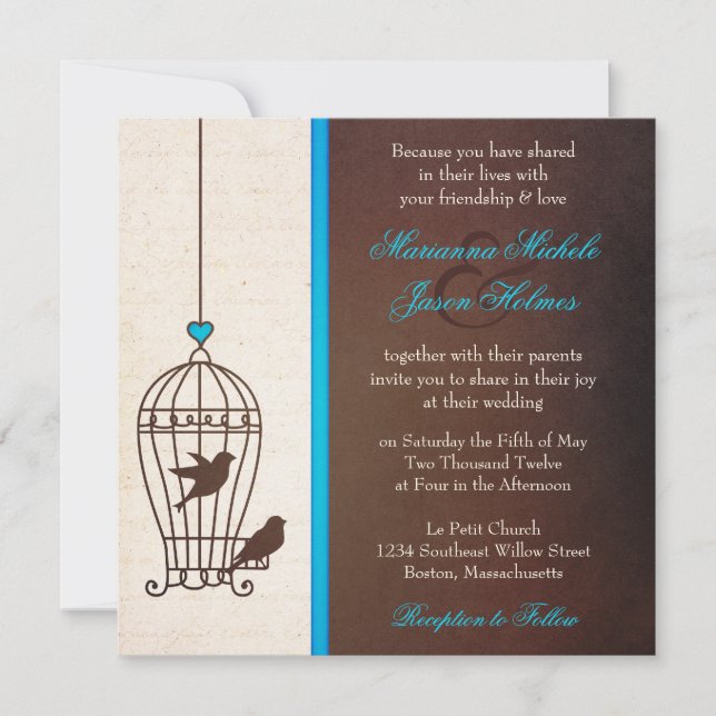 Invitation Cage d'oiseaux fantaisie - Chocolat et Mariage ble (Devant)
