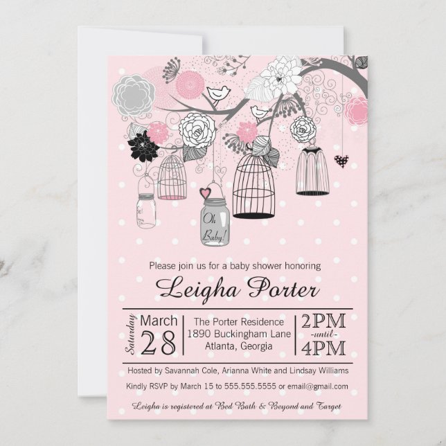 Invitation Cages d'oiseaux et jarres gris rose Baby shower de (Devant)