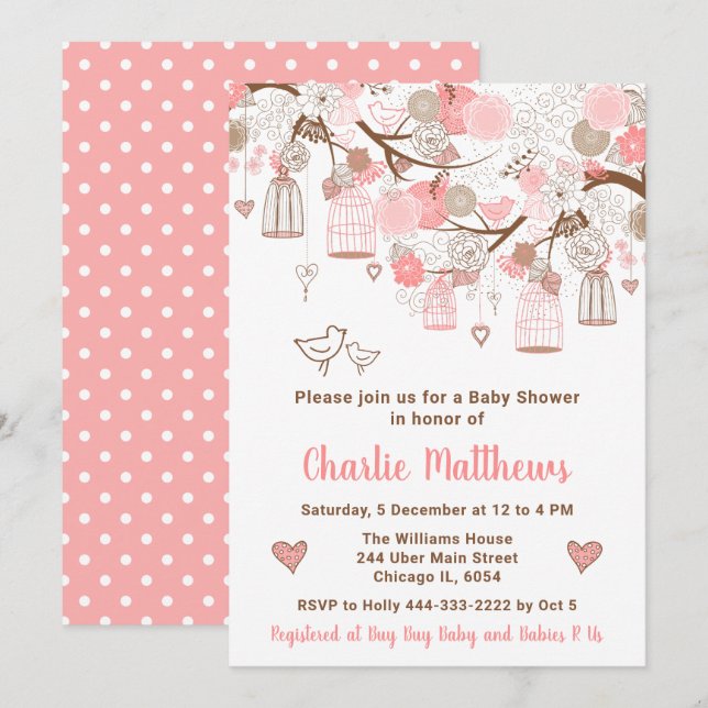 Invitation Cages d'oiseaux florales Baby shower rose (Devant / Derrière)