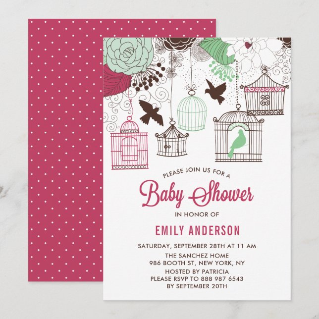 Invitation Cages d'oiseaux rustiques rouges et verts Baby sho (Devant / Derrière)