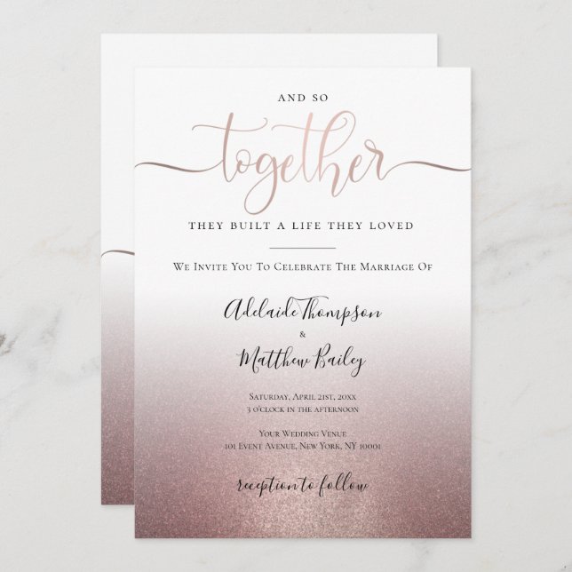 Invitation Caillage rose Gold Calligraphie Script Citation Ma (Devant / Derrière)