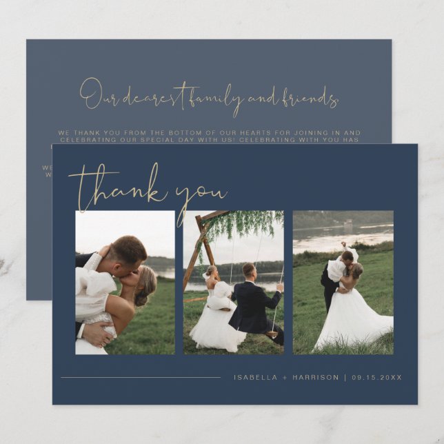 Invitation CAITLIN Moderne Marine Bleu Photo Mariage Merci (Devant / Derrière)