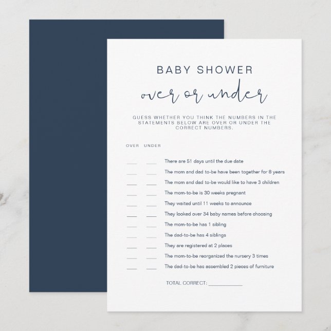 Invitation CAITLIN Navy Blue Over Under Baby shower Game Invi (Devant / Derrière)