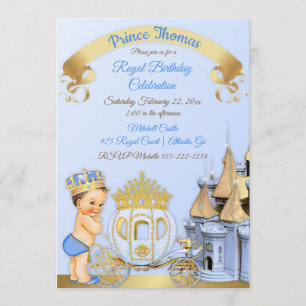 Invitation Calèche de château du prince royal bleu or garçon