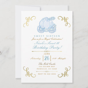 Invitation Calèche de citrouille Bleu & Or Fête Sweet 16