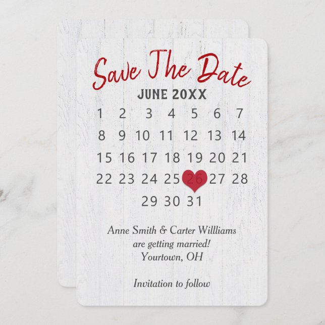 Invitation Calendrier de mariage à date fixe sur bois (Devant / Derrière)