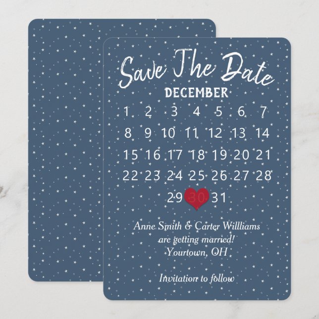 Invitation Calendrier de mariage à la date étoile flocons de  (Devant / Derrière)