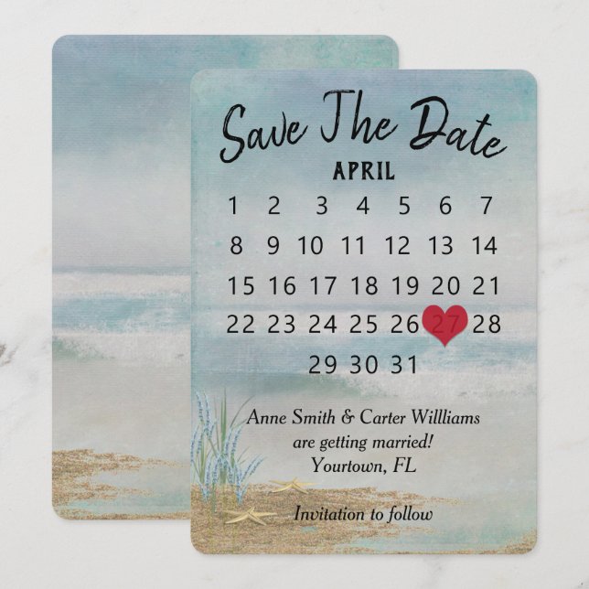 Invitation Calendrier de mariage à la plage avec étoile de me (Devant / Derrière)