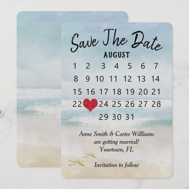 Invitation Calendrier de mariage à la plage avec étoile de me (Devant / Derrière)
