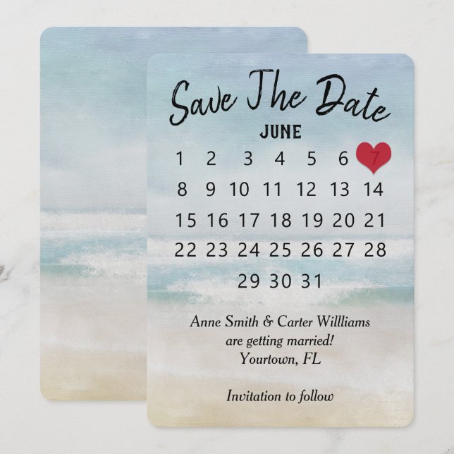 Invitation Calendrier de mariage à la plage océanique "Sauver (Devant / Derrière)