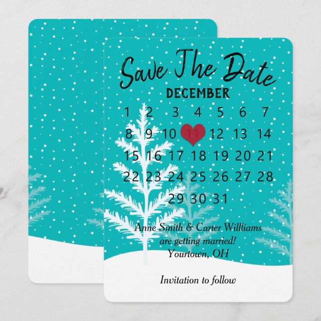 Invitation Calendrier de mariage Hiver Neige Sauvegarder la d (Devant / Derrière)