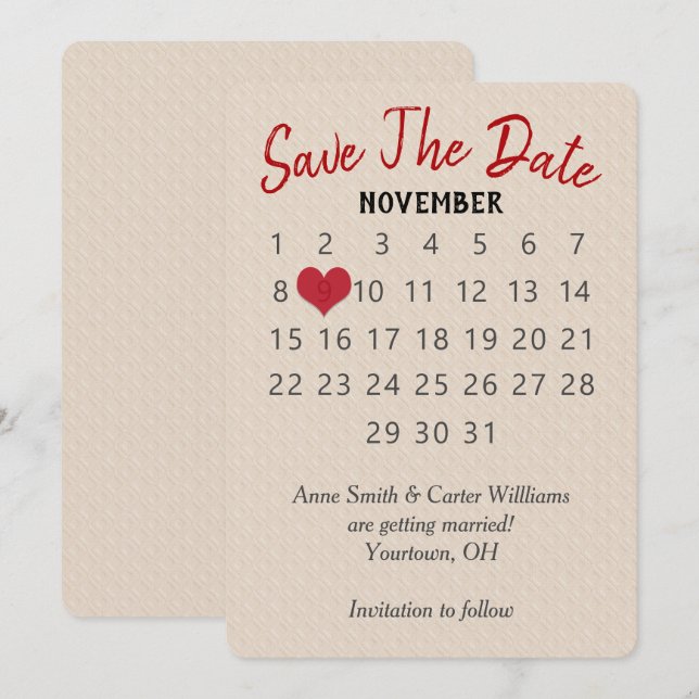 Invitation Calendrier de mariage "Sauver la date" sur motif e (Devant / Derrière)