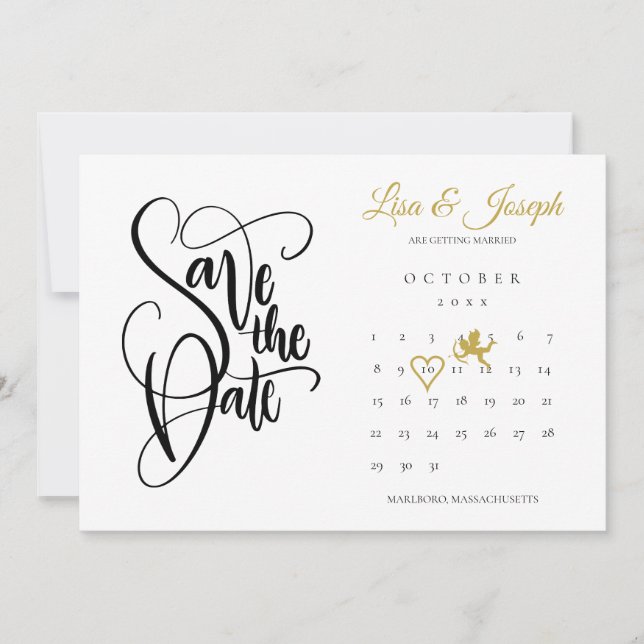 Invitation Calendrier Gold Cupid Love Heart Enregistrer la da (Devant)