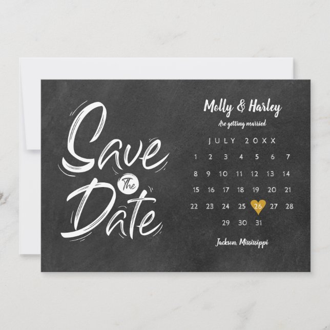 Invitation Calendrier Gold Heart Chalkboard Enregistrer la da (Devant)