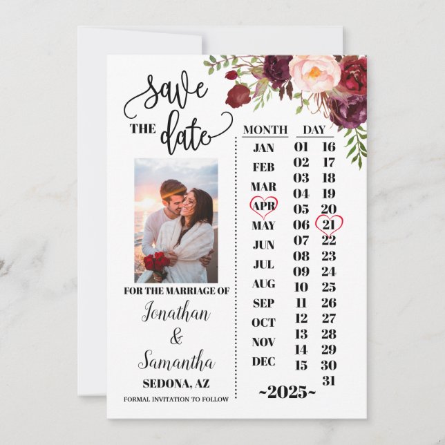 Invitation Calendrier photo enregistrer la date marsala maria (Devant)
