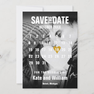 Invitation Calendrier Photo Gold Heart Modern Save the Date