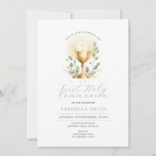 Invitation Calice Croix d'Or de Première Sainte Communion Min