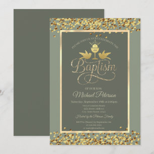 Invitation Calice doré Confettis Vert sauge