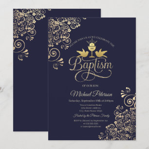 Invitation Calice doré dentelle  Bleu marine 