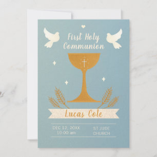 Invitation Calice élégant classique bleu or Sainte Communion