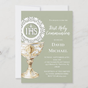 Invitation Calice Hostie Première Communion fond vert sauge