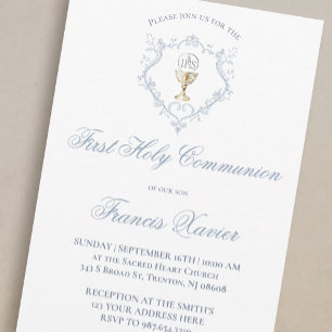Invitation Calice Hôte crête bleue Première communion